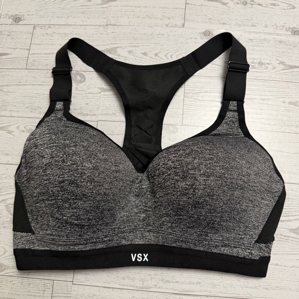 Victoria's Secret VSX‎ Sport Bra 32D Black/Gray Padded Racerback Cushioned Wired